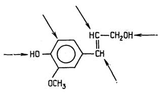 Рис. II.68. Конифериловый спирт -мономер лигнина. Стрелками показаны возможные места образования связей в полимере